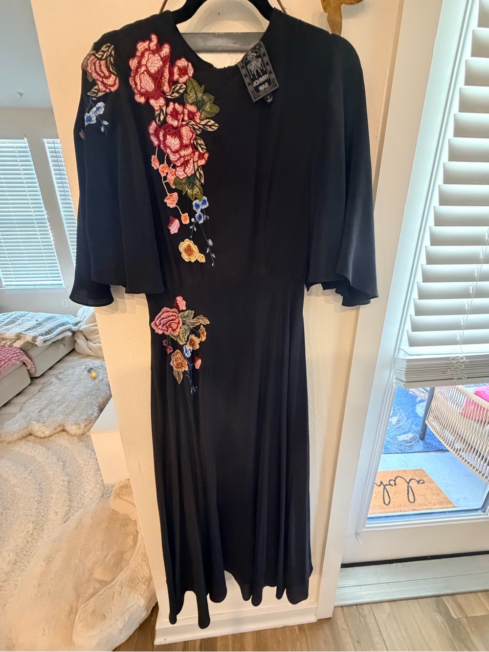 Johnny Was Black Embroidered Floral Midi Dress